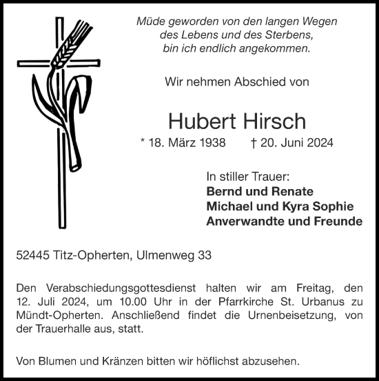 Traueranzeige von Hubert Hirsch von Zeitung am Sonntag