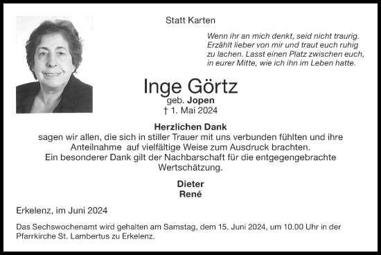 Traueranzeige von Inge Görtz von Zeitung am Sonntag