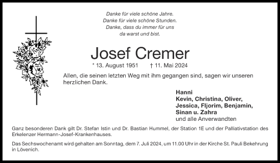 Traueranzeige von Josef Cremer von Zeitung am Sonntag