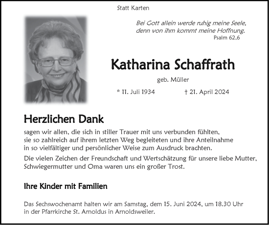 Traueranzeige von Katharina Schaffrath von Zeitung am Sonntag