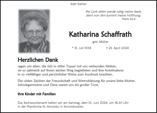 Traueranzeige von Katharina Schaffrath von Aachener Zeitung