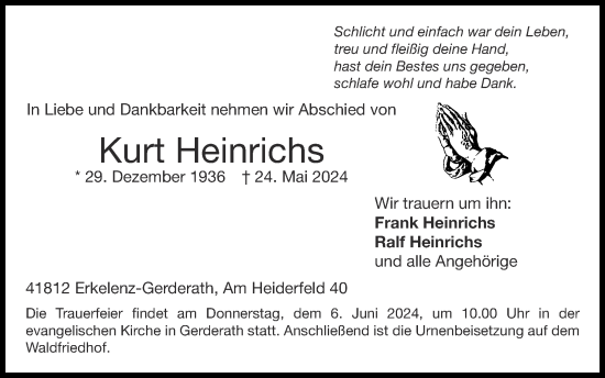 Traueranzeige von Kurt Heinrichs von Zeitung am Sonntag