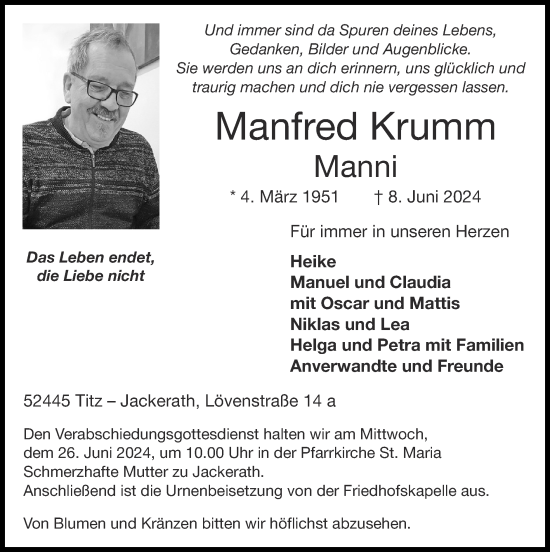 Traueranzeige von Manfred Krumm von Zeitung am Sonntag