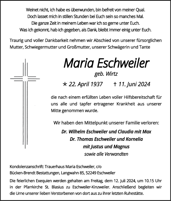 Traueranzeige von Maria Eschweiler von Zeitung am Sonntag