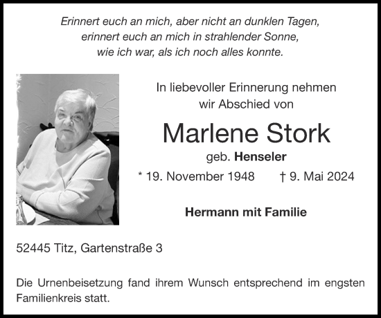 Traueranzeige von Marlene Stork von Zeitung am Sonntag