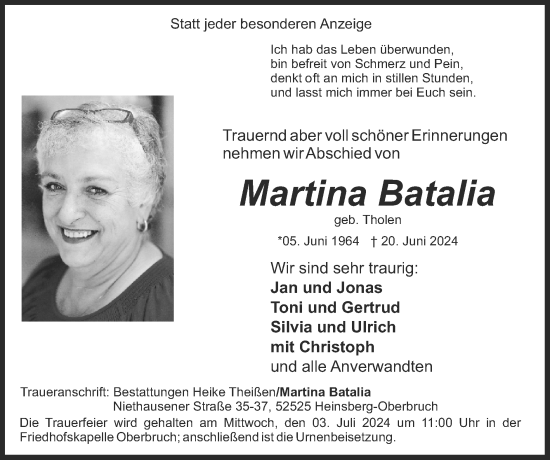 Traueranzeige von Martina Batalia von Zeitung am Sonntag