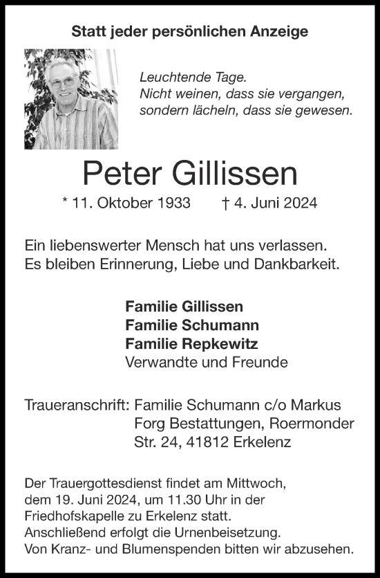 Traueranzeige von Peter Gillissen von Zeitung am Sonntag