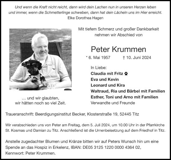 Traueranzeige von Peter Krummen von Zeitung am Sonntag