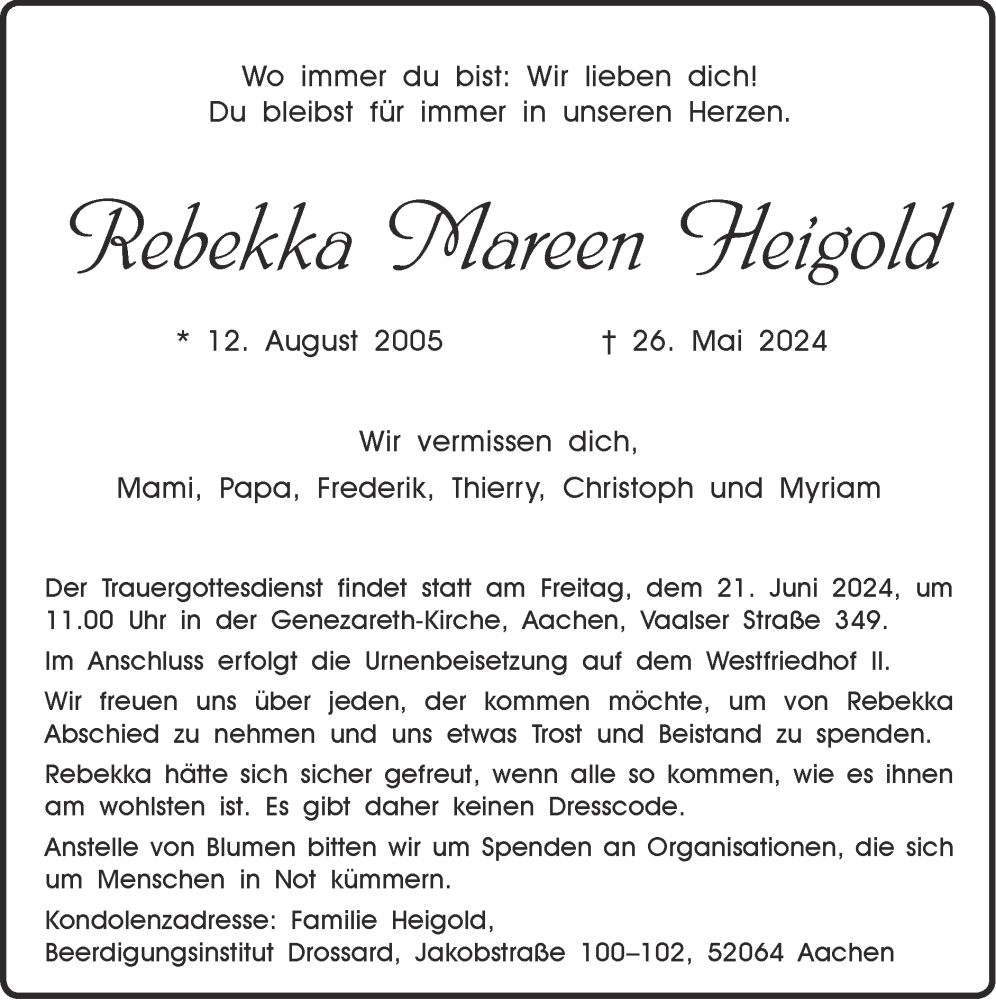  Traueranzeige für Rebekka Mareen Heigold vom 16.06.2024 aus Zeitung am Sonntag