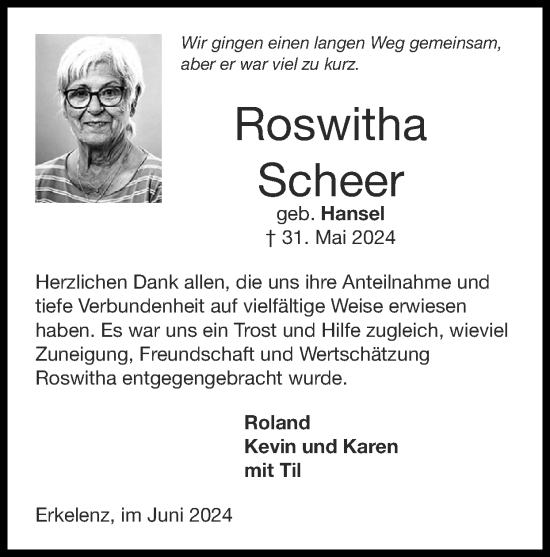 Traueranzeige von Roswitha Scheer von Zeitung am Sonntag