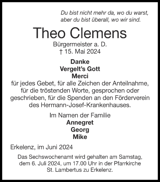 Traueranzeige von Theo Clemens von Zeitung am Sonntag