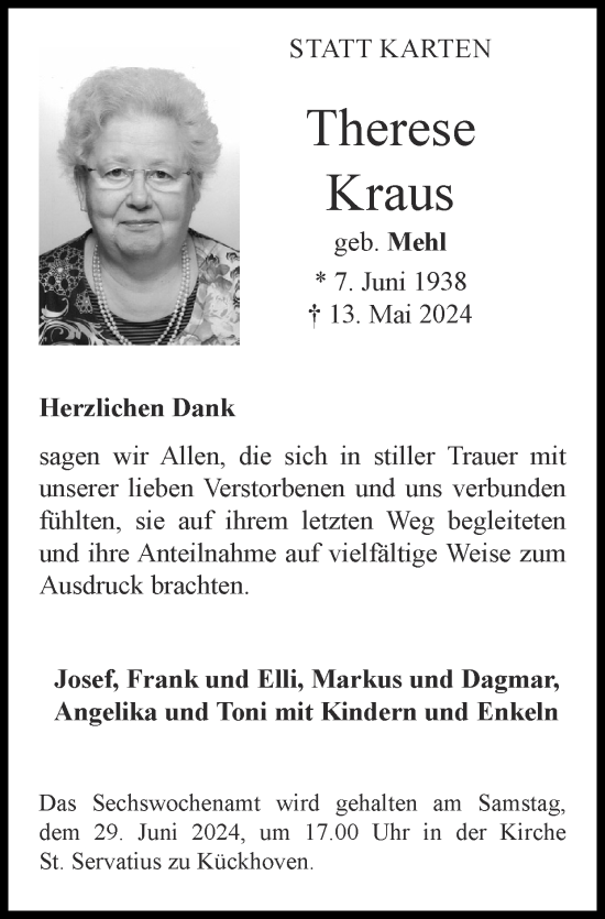 Traueranzeige von Therese Kraus von Zeitung am Sonntag