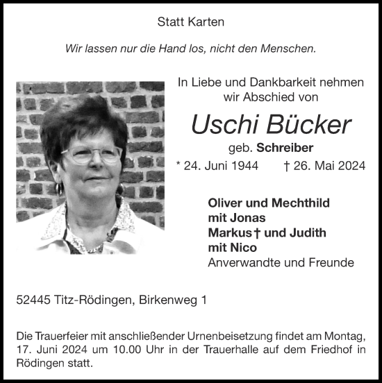 Traueranzeige von Uschi Bücker von Zeitung am Sonntag