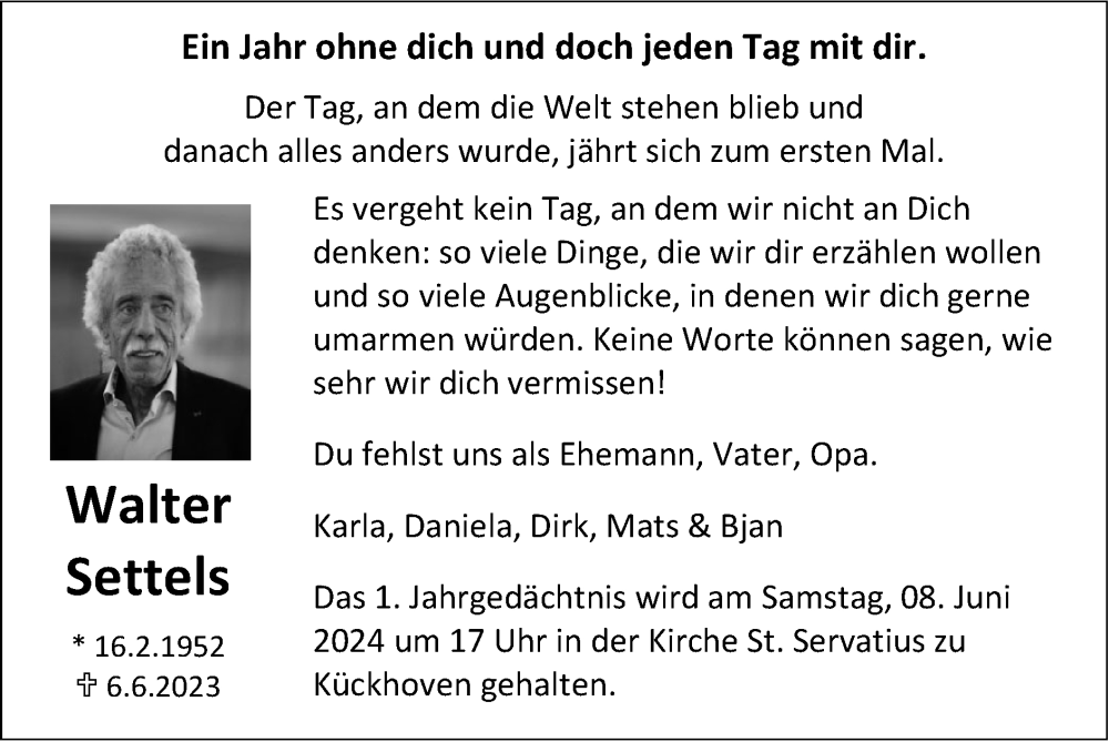  Traueranzeige für Walter Settels vom 02.06.2024 aus Zeitung am Sonntag