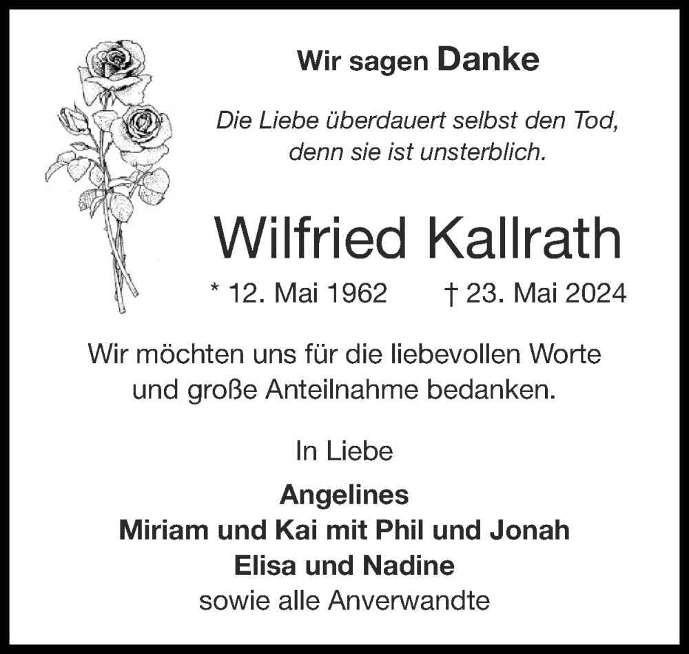  Traueranzeige für Wilfried Kallrath vom 23.06.2024 aus Zeitung am Sonntag