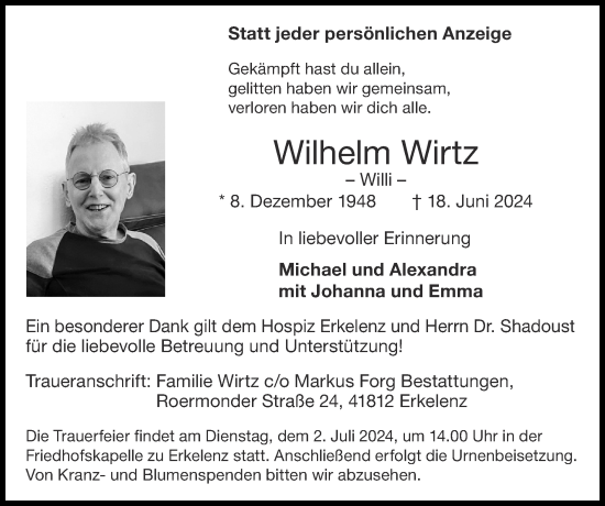 Traueranzeige von Wilhelm Wirtz von Zeitung am Sonntag