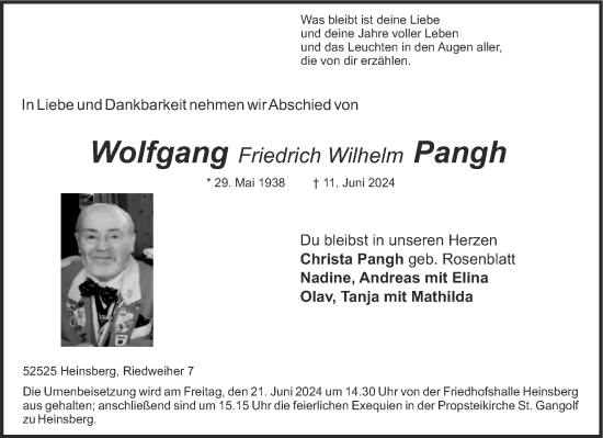 Traueranzeige von Wolfgang Friedrich Wilhelm Pangh von Aachener Zeitung