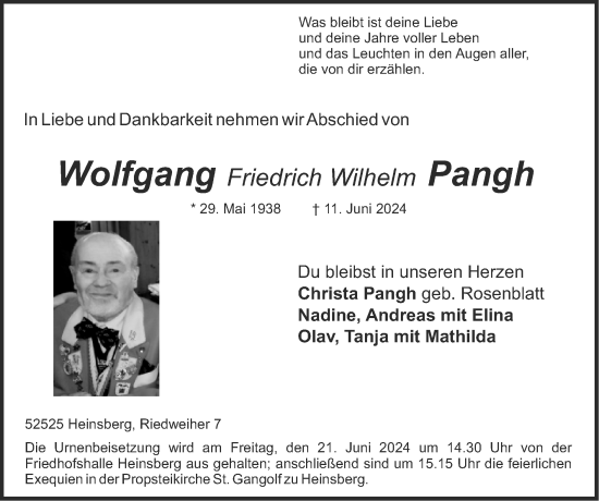 Traueranzeige von Wolfgang Friedrich Wilhelm Pangh von Zeitung am Sonntag