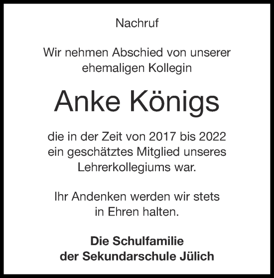 Traueranzeige von Anke Königs von Zeitung am Sonntag