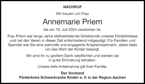 Traueranzeige von Annemarie Priem von Aachener Zeitung