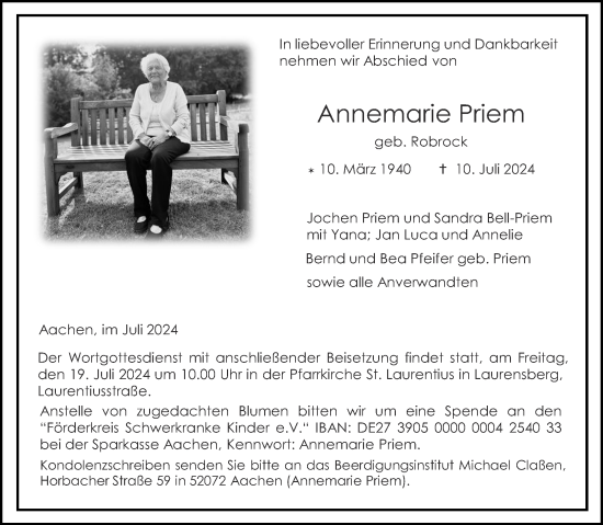 Traueranzeige von Annemarie Priem von Aachener Zeitung