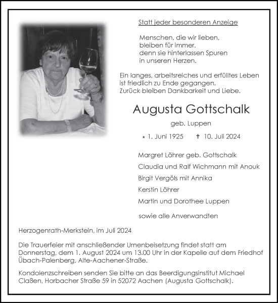 Traueranzeige von Augusta Gottschalk von Aachener Zeitung