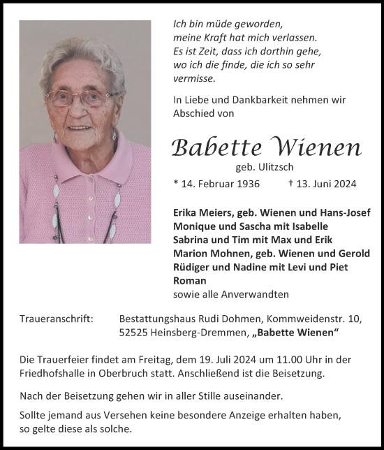 Traueranzeige von Babette Wienen von Zeitung am Sonntag