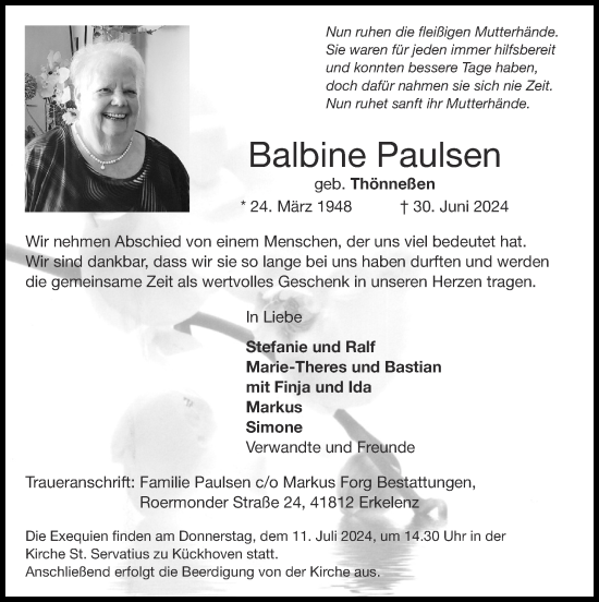 Traueranzeige von Balbine Paulsen von Zeitung am Sonntag