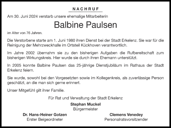 Traueranzeige von Balbine Paulsen von Zeitung am Sonntag