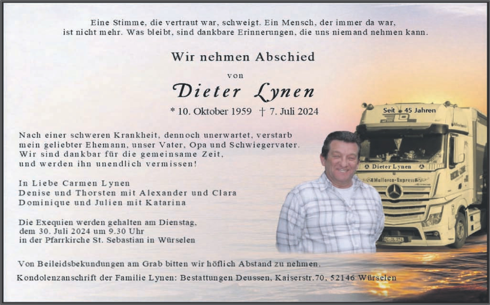  Traueranzeige für Dieter Lynen vom 21.07.2024 aus Zeitung am Sonntag