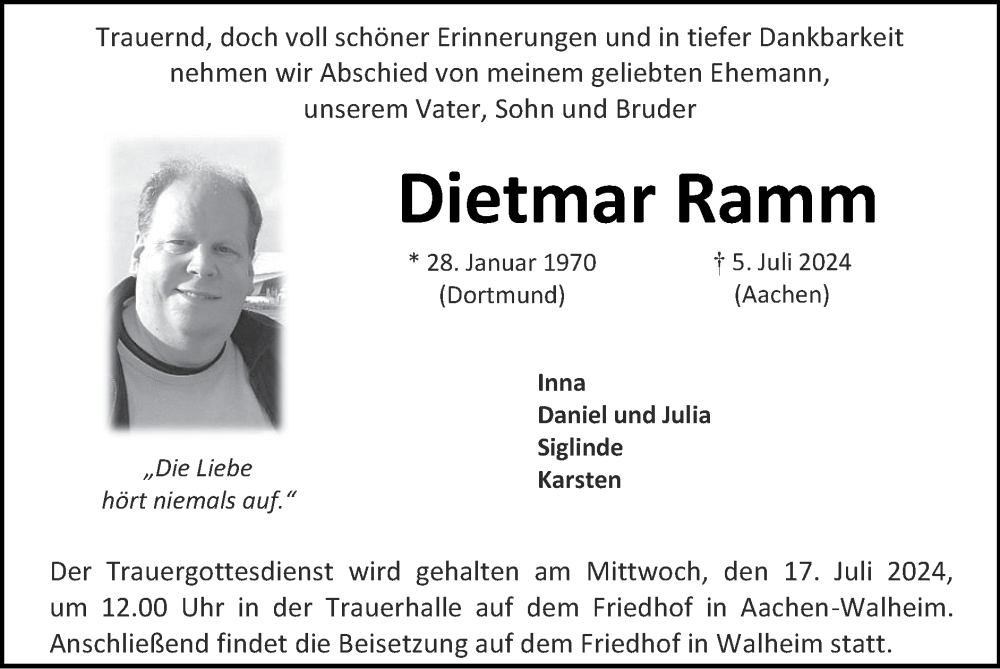  Traueranzeige für Dietmar Ramm vom 14.07.2024 aus Zeitung am Sonntag