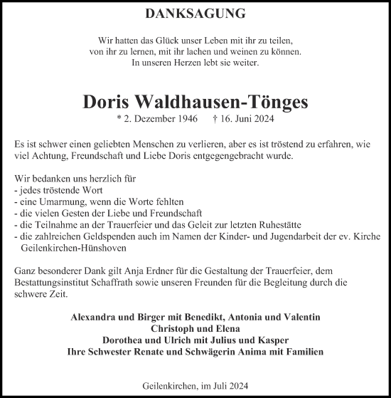 Traueranzeige von Doris Waldhausen-Tönges von Aachener Zeitung