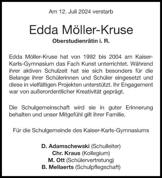 Traueranzeige von Edda Möller-Kruse von Aachener Zeitung