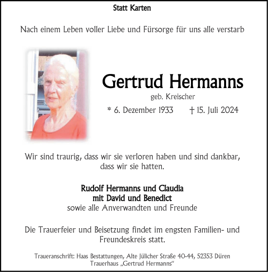 Traueranzeige von Gertrud Hermanns von Aachener Zeitung