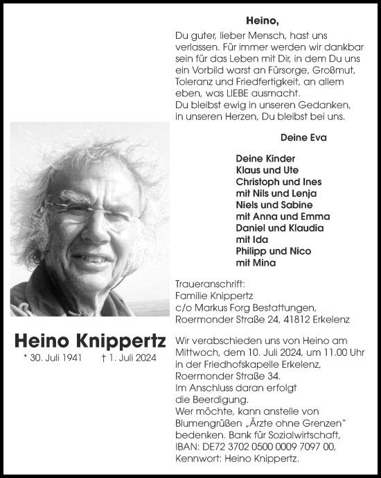 Traueranzeige von Heino Knippertz von Zeitung am Sonntag