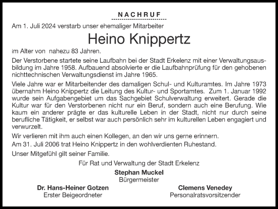 Traueranzeige von Heino Knippertz von Zeitung am Sonntag