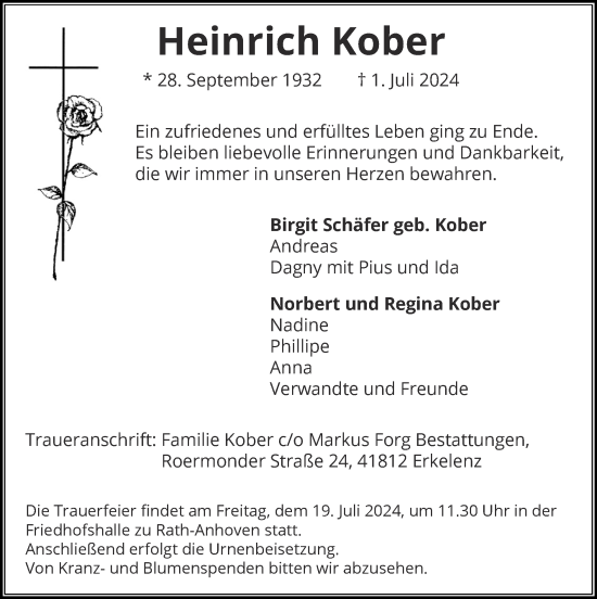 Traueranzeige von Heinrich Kober von Zeitung am Sonntag