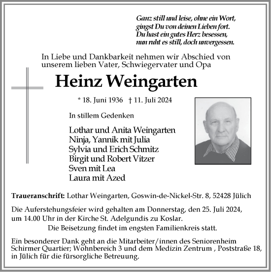 Traueranzeige von Heinz Weingarten von Zeitung am Sonntag