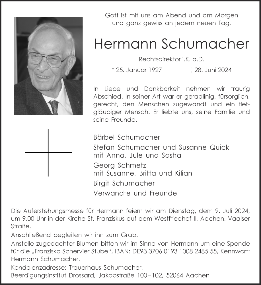  Traueranzeige für Hermann Schumacher vom 06.07.2024 aus Aachener Zeitung