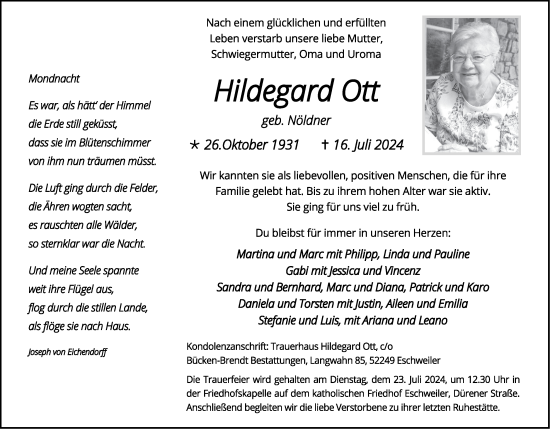 Traueranzeige von Hildegard Ott von Zeitung am Sonntag