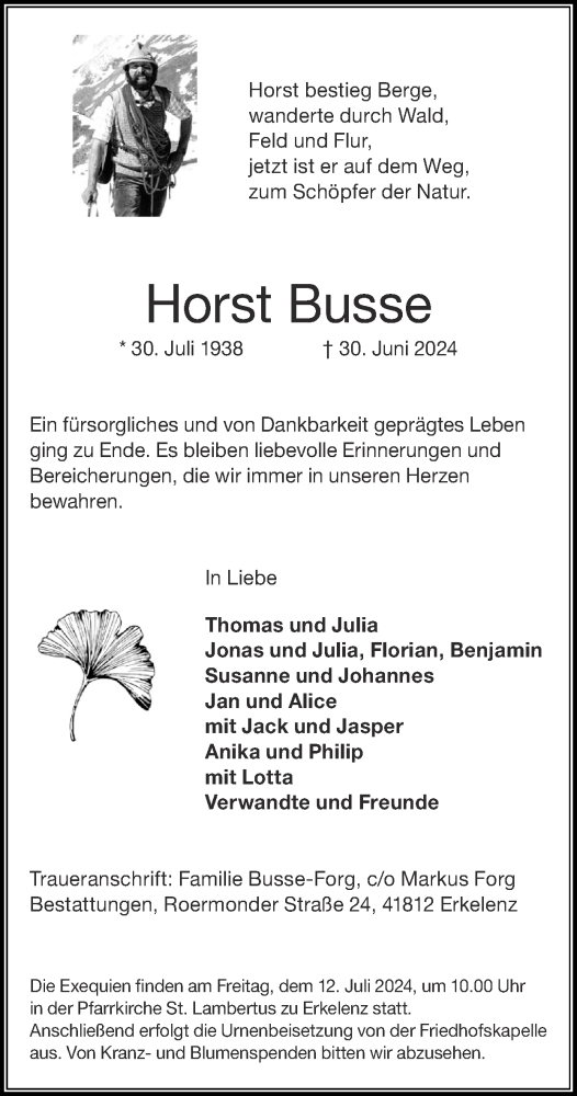 Traueranzeige von Horst Busse von Zeitung am Sonntag