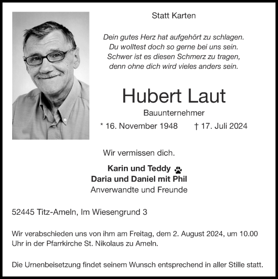 Traueranzeige von Hubert Laut von Zeitung am Sonntag