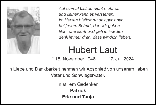 Traueranzeige von Hubert Laut von Zeitung am Sonntag