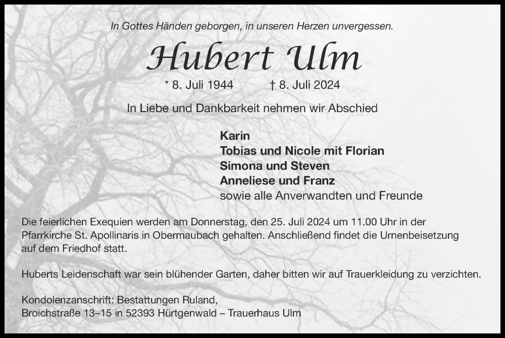  Traueranzeige für Hubert Ulm vom 21.07.2024 aus Zeitung am Sonntag