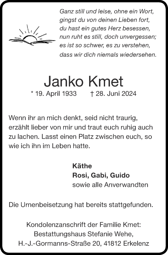 Traueranzeige von Janko Kmet von Zeitung am Sonntag