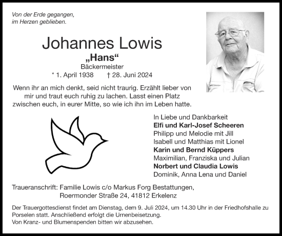 Traueranzeige von Johannes Lowis von Zeitung am Sonntag