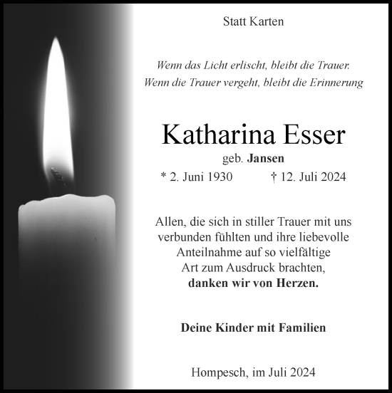 Traueranzeige von Katharina Esser von Zeitung am Sonntag