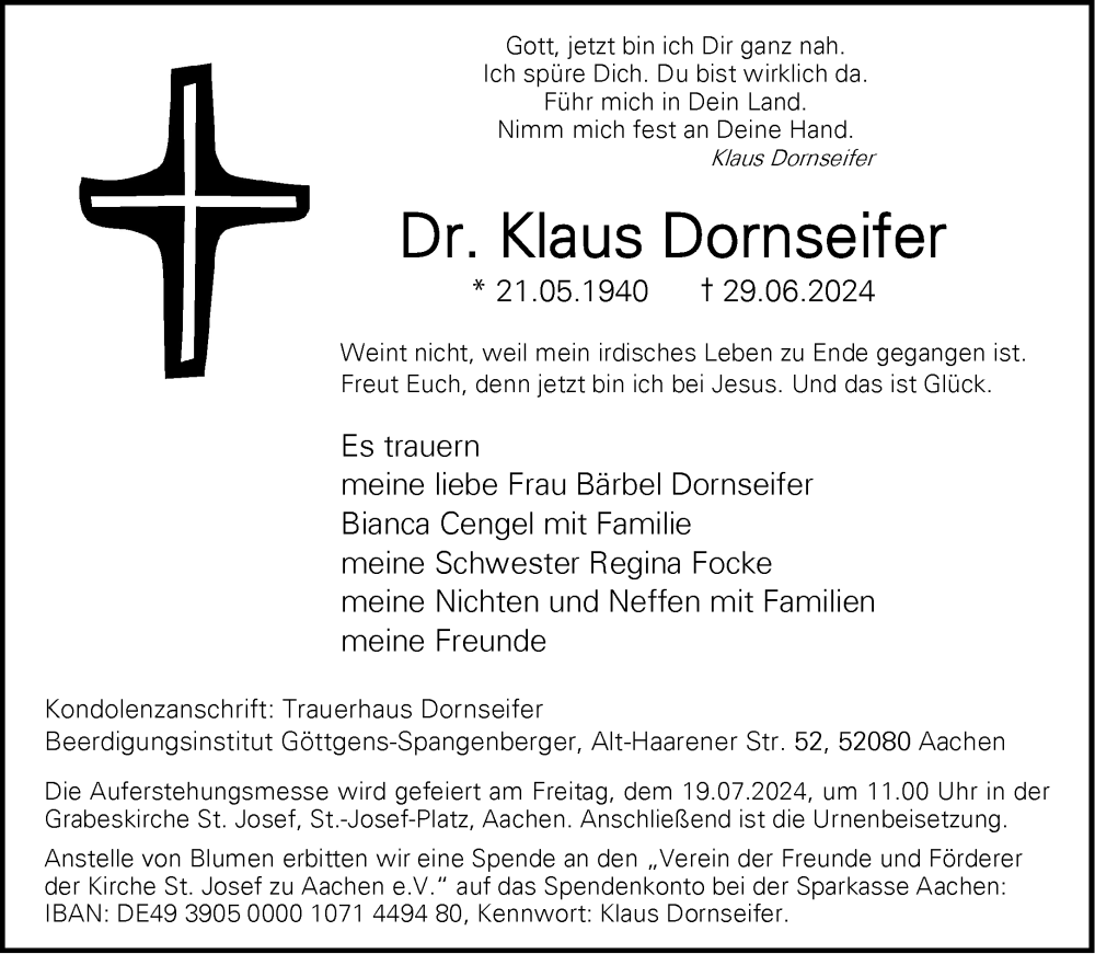  Traueranzeige für Klaus Dornseifer vom 13.07.2024 aus Aachener Zeitung