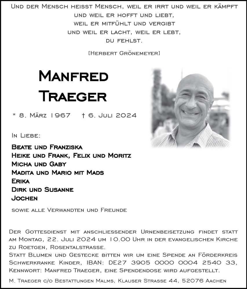  Traueranzeige für Manfred Traeger vom 14.07.2024 aus Zeitung am Sonntag