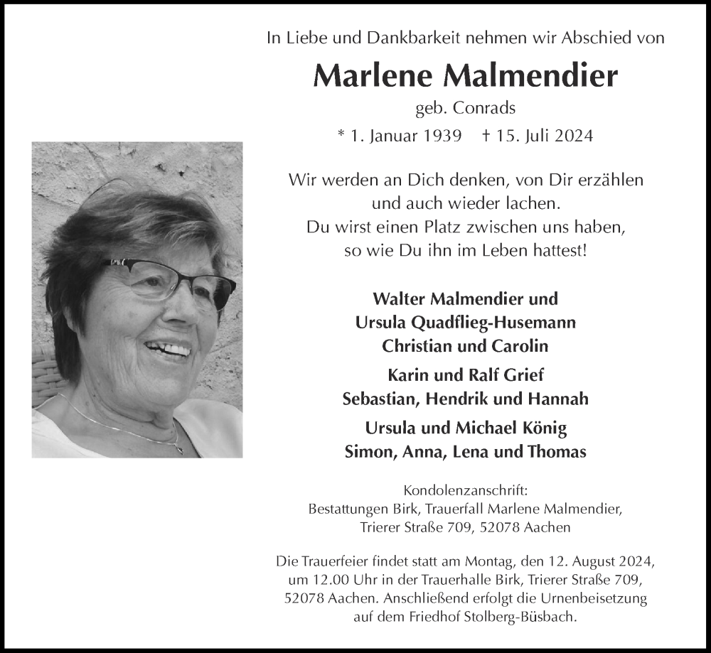  Traueranzeige für Marlene Malmendier vom 21.07.2024 aus Zeitung am Sonntag